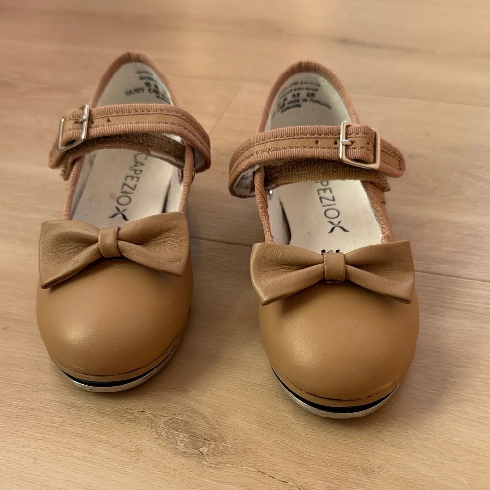 Capezio Girls' Tan Tap Shoes with removable Bow Accent 3800 Mary Jane Tap Shoe